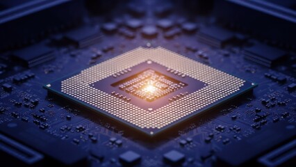 Close-up of a computer processor, glowing central core, surrounded by circuit board
