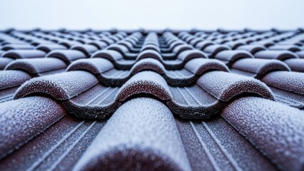 Close-up of a frost-covered rooftop with repeating curved tiles, low angle