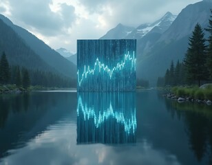Abstract cube with glowing financial graph in middle of tranquil mountain lake. Represents market trends, data analysis, and investment strategy. Nature meets digital world.