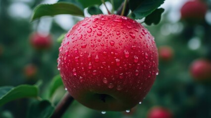 Obraz premium Close-up of a vibrant red fruit covered in glistening water droplets, on a branch