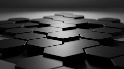 Close-up of layered, black, hexagonal tiles with soft lighting and a shallow depth of field