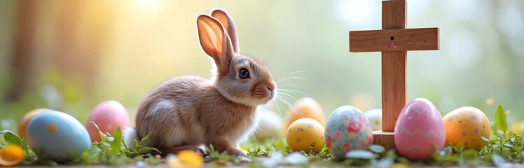 Fluffy bunny sits near wooden cross with painted eggs in green grass. Springtime symbols of Easter holiday celebration joy, nature, innocence, new life, and religious faith. Soft sunlight.