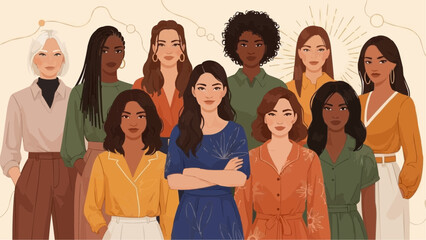 Group of diverse women standing together in colorful outfits 