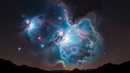 Cosmic nebula scene displays vibrant blues, pinks, and oranges amid stars and a silhouetted mountain range