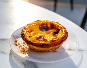 Authentic Portuguese Pastel de Nata on a Marble Table in a Lisbon Cafe, Close-up Food 
