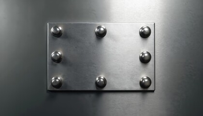 Rectangular brushed metal plate with eight circular rivets attached to larger brushed metallic surface. Shiny reflective material shows subtle lines, highlights, creating textured industrial backdrop