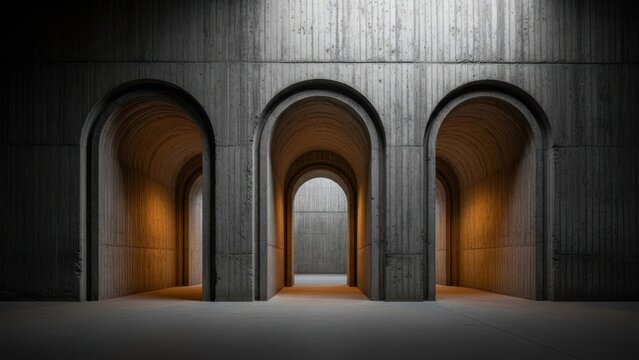 Concrete archways receding into a dark space, lit by warm light - Powered by Adobe