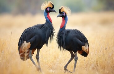 Fototapeta premium Two crowned cranes stand facing each other in a dry grassy field. These exotic birds display vibrant blue and red neck wattles and striking golden head plumes.