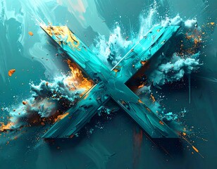 Turquoise "X" explodes with orange & white clouds on blue background