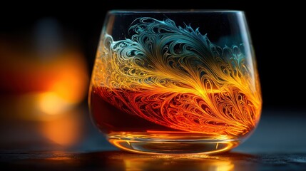 Abstract artwork of a glass filled with a colorful liquid with a decorative pattern design