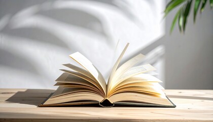 Fototapeta premium An open book, pages fanned out on a wooden surface, with plant shadows