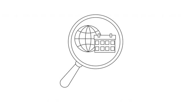 A magnifying glass over a globe and calendar