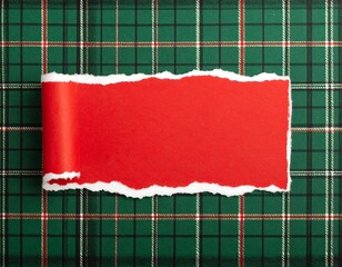Torn red paper on green plaid background