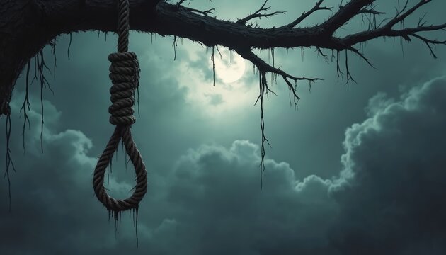 A thick rope noose hangs from a bare tree branch under a full moon. Dark clouds gather in the night sky, creating a spooky atmosphere. This image suggests themes of danger, fear, and despair.