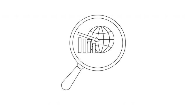 A magnifying glass reveals a globe intersected by a descending bar graph with a downward arrow