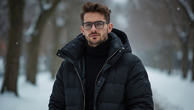 Man wears black puffer jacket and turtleneck outdoors in winter snow. He has glasses and styled hair. Fashionable male model poses in cold weather. Outdoor winter apparel concept.