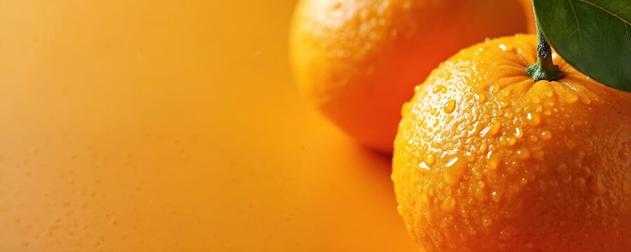 Close view of fresh wet oranges with water drops. Vibrant orange citrus fruits with green leaf. Ripe mandarins on orange background, food concept.