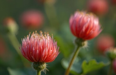 Delicate pink flower bud unfurls petals showing yellow stamens. Soft focus background with more blooms suggests a garden setting. Natural botanical detail.