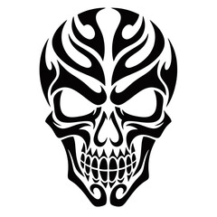 Obraz premium A stylized black tribal skull with flame patterns on a white background.