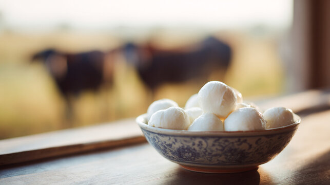 Fresh mozzarella di bufala balls in ceramic bowl, blurred buffaloes grazing behind