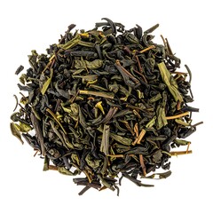 A heap of dark green and brown dried tea leaves isolated on a white background, centrally composed