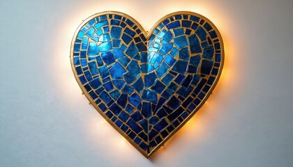 Blue and gold mosaic heart artwork glows on wall. Handmade glass art piece is decorative item for home. Elegant design symbolizes love and passion.