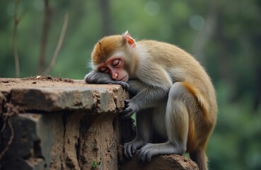 Fototapeta premium Young monkey sleeps on stone structure in jungle. Primate rests on concrete wall, habitat loss makes wild animals adapt to human built environment. Asian fauna survival.