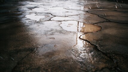 Urban puddle with light reflections on cracked concrete. Artificial intelligence image