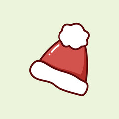 A cute and simple illustration of a classic red Santa Claus hat with a fluffy white pom-pom and trim, set against a pale green background. Perfect for festive Christmas designs, holiday icons, and win
