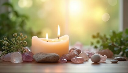 Two lit candles rest on wooden table with crystals and green plants. Soft sunlight streams through window creating peaceful atmosphere for calm mood.