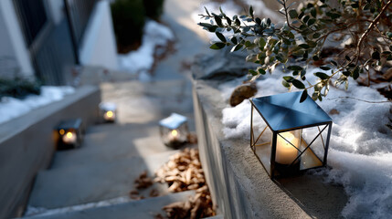 A picturesque outdoor scene featuring a charming pathway illuminated by lanterns, surrounded by soft snow and fallen leaves, creating a tranquil winter ambiance.