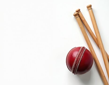 Red leather cricket ball with white stitches rests near wooden stumps on white background. Sport equipment for cricket match, game, or practice. - Powered by Adobe
