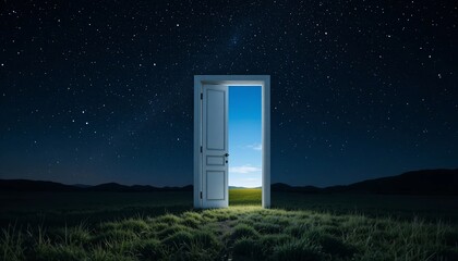 Open doorway reveals bright daytime field under a starry night sky over dark hills