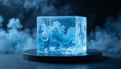 Glowing blue liquid swirling inside a clear cube resting on a dark platform with smoke 93 characters