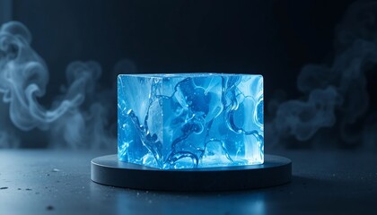 Glowing blue translucent cube object resting on a dark pedestal surrounded by mist