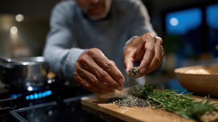 Focused hands sprinkle fresh herbs and spices over a wooden board, emphasizing the artistic and thoughtful process of creating flavorful dishes in a lively kitchen atmosphere.