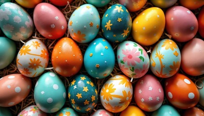 Top view of colorful decorated easter eggs on hay. Festive spring holiday food with floral and dot patterns. Happy easter celebration concept for greeting cards.