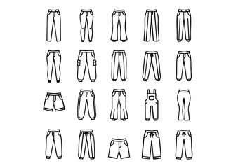 Modern Trousers & Pants Vector Icon Set, Minimalist Bottomwear Apparel Graphics, Comprehensive Pants Silhouette & Fashion Pictogram Collection