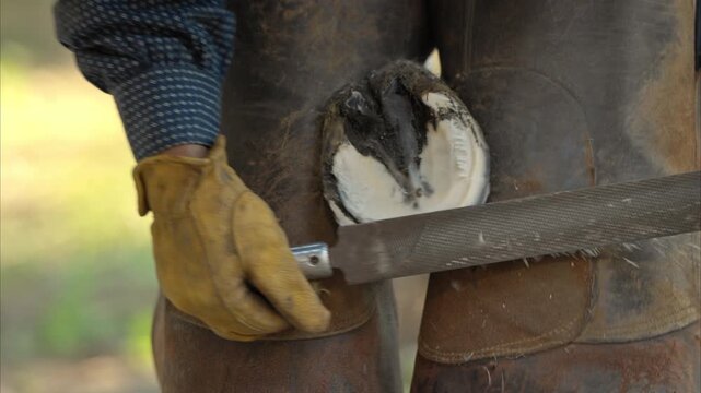 A cowboy wearing leather chaps and gloves trims a horse&rsquo;s hoof using a rasp in an outdoor stable. The close-up shot highlights traditional cowboy gear, hard work, and rustic ranch life