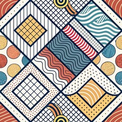 Geometric abstract seamless pattern with diverse colorful shapes lines and textured circles
