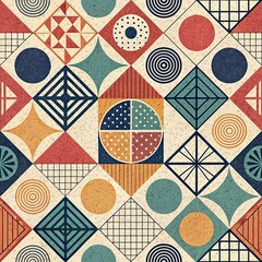 Retro geometric seamless pattern with circles diamonds and textured shapes in muted colors