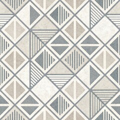 Seamless geometric pattern in muted blue beige and white tones featuring diamond and triangle shapes