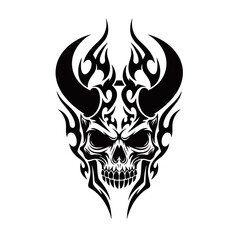 Obraz premium A striking black and white tribal tattoo design featuring a demonic skull with horns and flames.