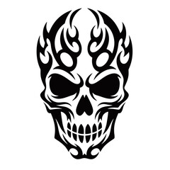 Fototapeta premium A black and white tribal flame skull graphic design, symbolizing danger and rebellion.
