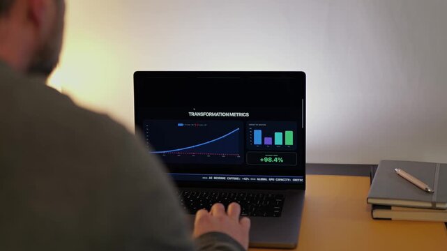 Middle Aged Business Intelligence Analyst Prepares Executive Board Briefing on Artificial Intelligence LLM Efficiency and Savings Report Concept