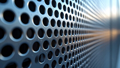 Metallic Perforations: A close-up shot of a textured metal surface. The surface is punctuated by a repeating pattern of evenly spaced circular holes, creating a sense of depth and geometric beauty.