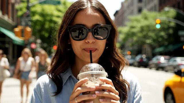Stylish urban woman enjoying a cold frappe on a sunny city street.