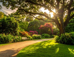 Obraz premium Sunny garden scene with a path, trees, and bench