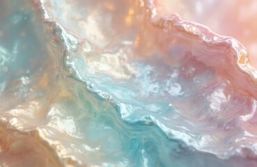 Fototapeta premium Closeup abstract colorful iridescent surface with gentle wave patterns. Shimmering mother of pearl effect in pastel shades like pink blue and gold creates elegant texture backdrop.