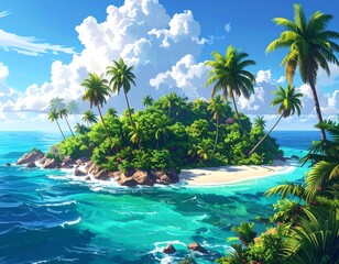 Tropical island scene with palm trees, blue water, and fluffy clouds